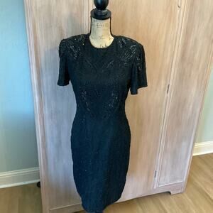 Vintage Adriana Papel evening black beaded sequin silk midi dress cocktail sz 8